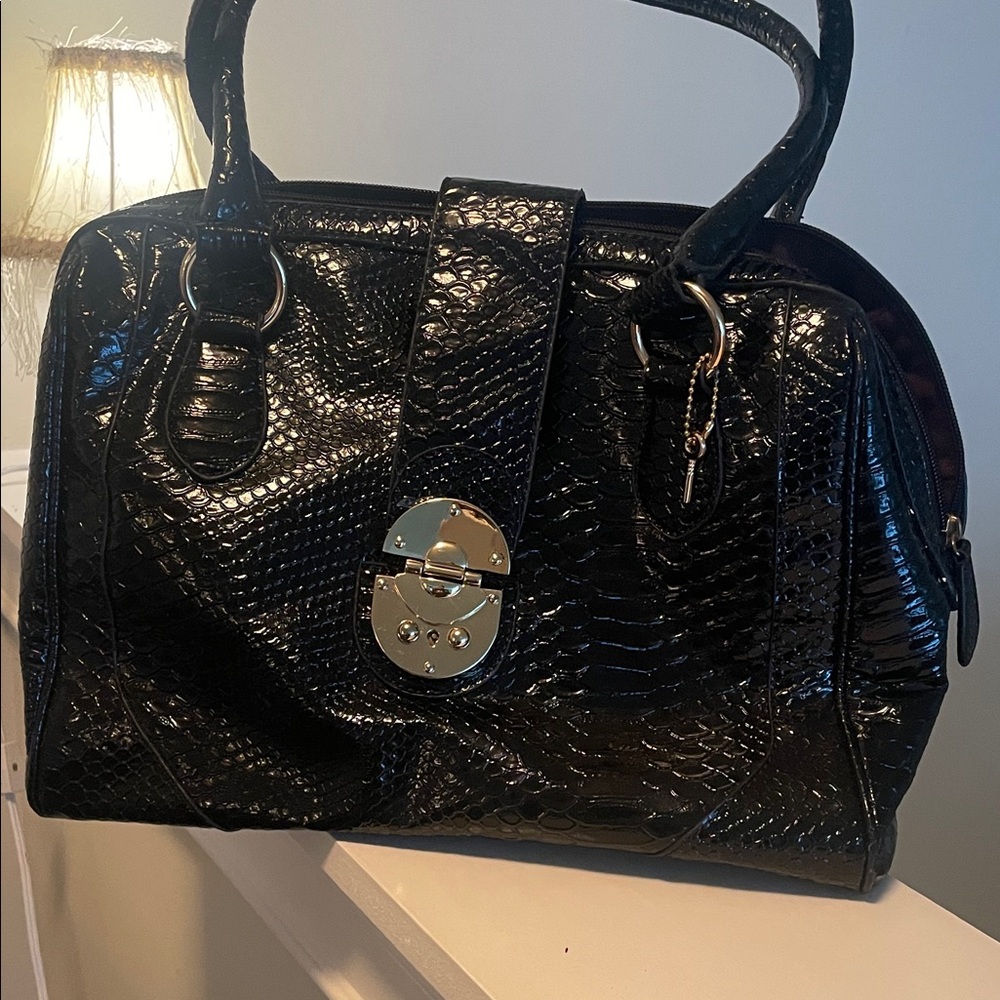 Christian Siriano Black Faux-Patent Snake-Embossed Satchel
